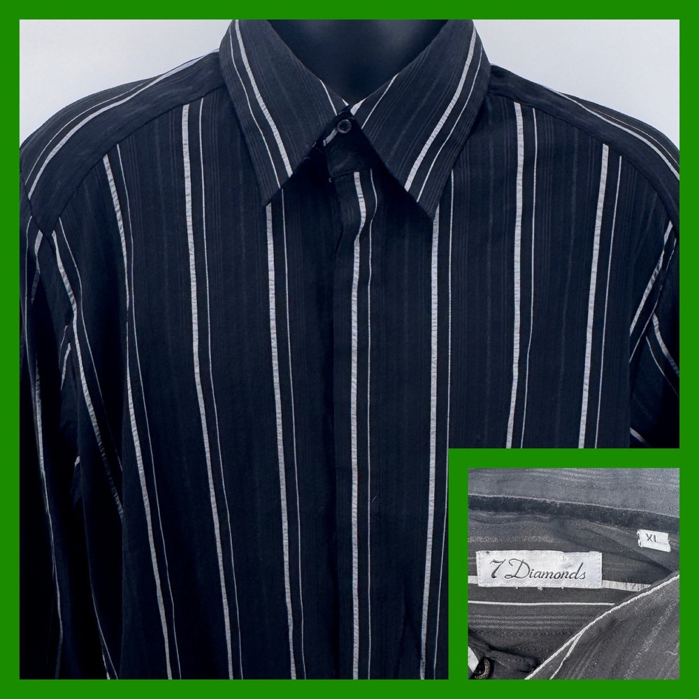 7 Diamonds Button Up Shirt‎ Mens XL Black White Striped Long Sleeve Modern